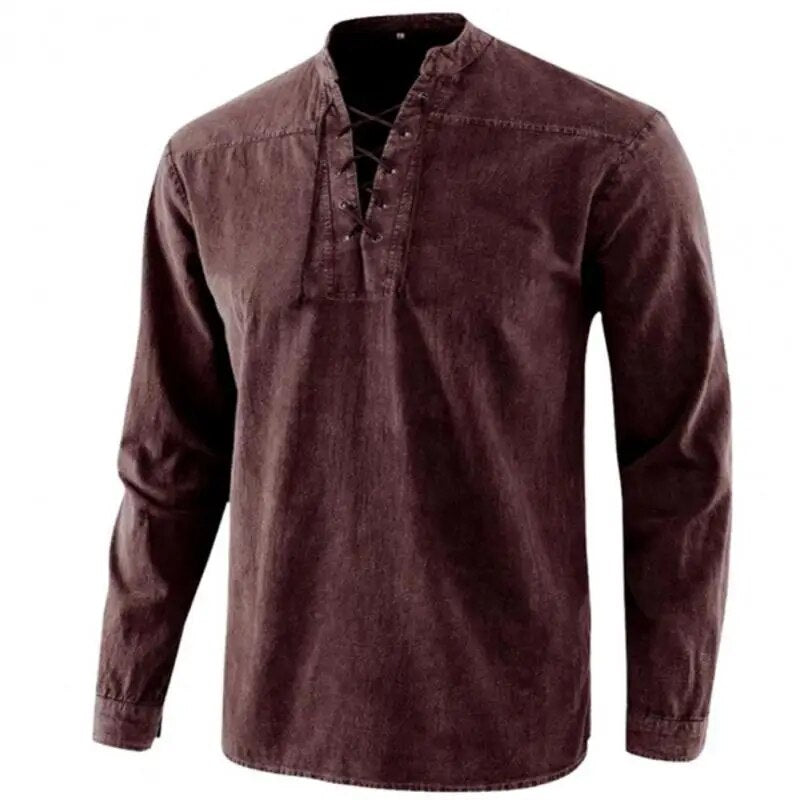 Nukty Vintage V-Neck Long Sleeve Cotton T-Shirt for Men