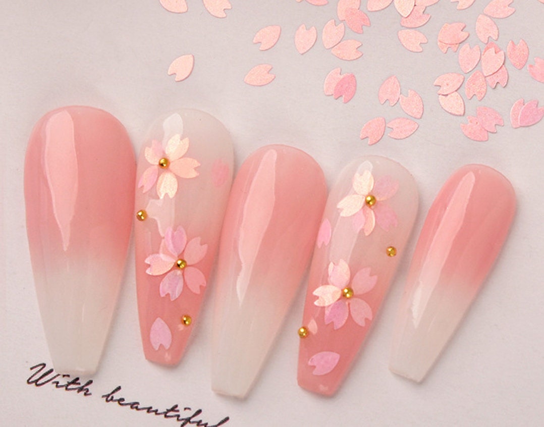 Sakura Flower Petal Chip Nail Decals with Glitter and Caviar Beads