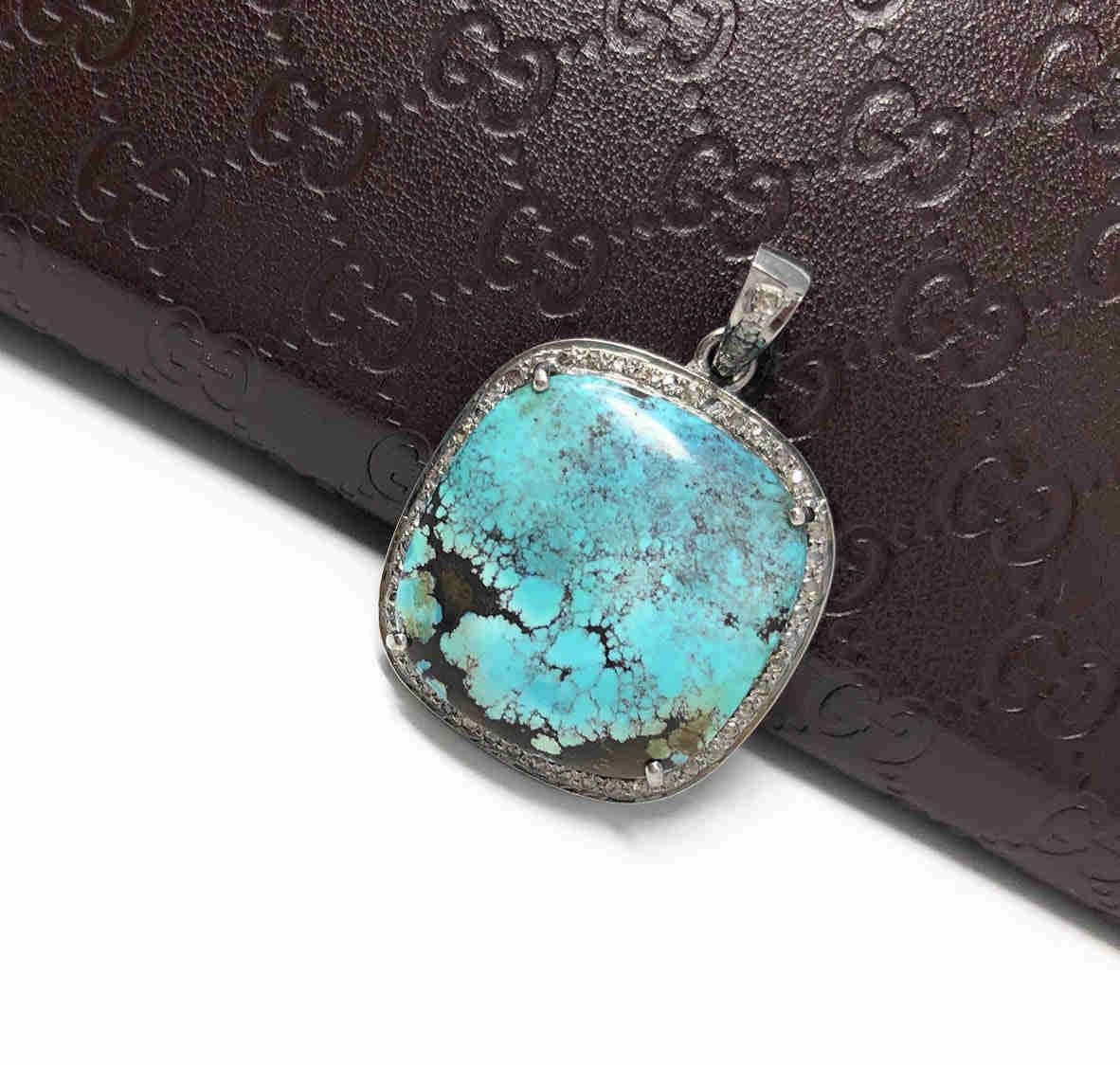 Natural Genuine Tibetan Turquoise Sterling Silver Pave Diamond Pendant