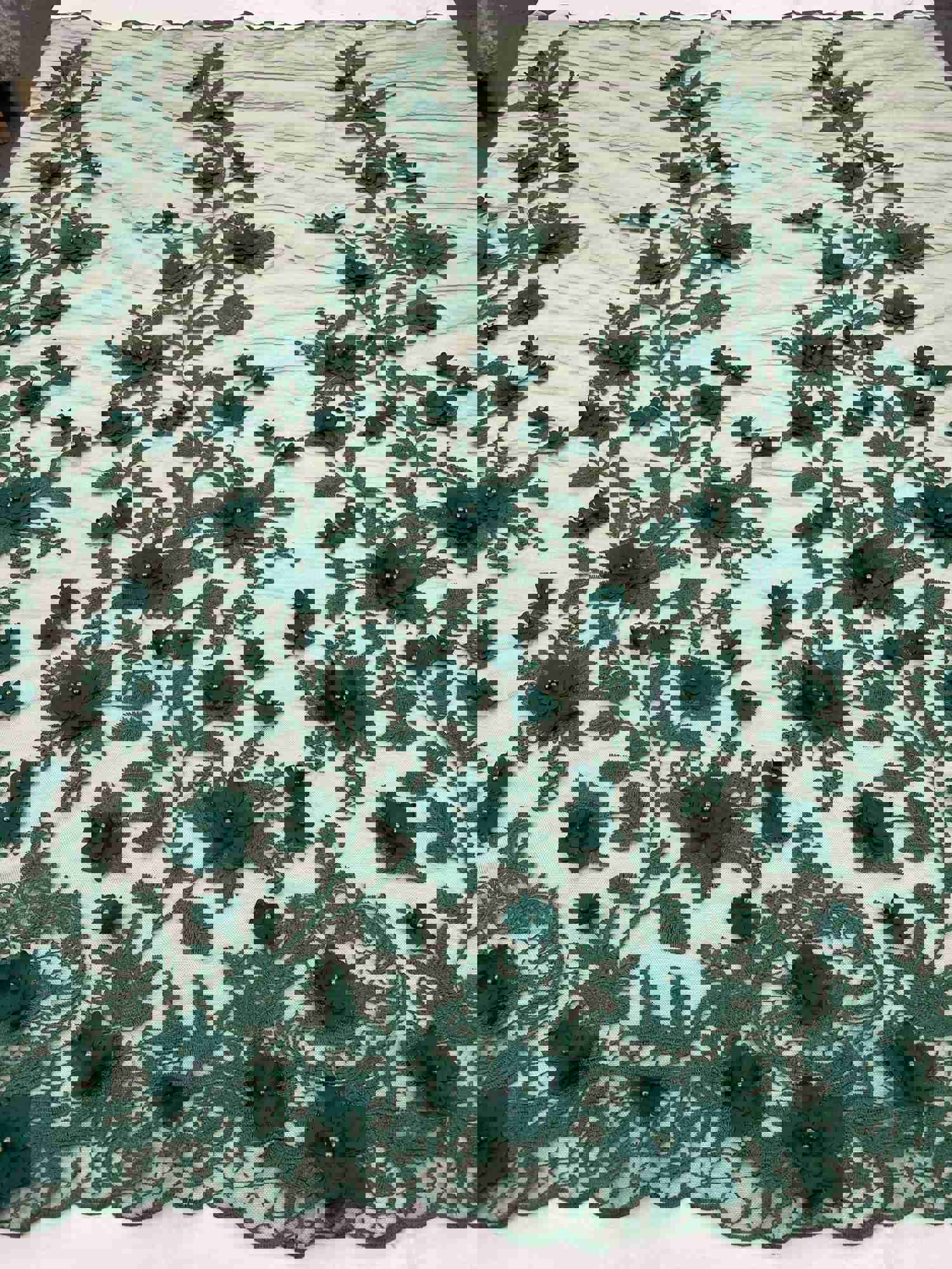 Hunter Green Two Tone 3D Floral Embroidered Beaded Mesh Lace Fabric