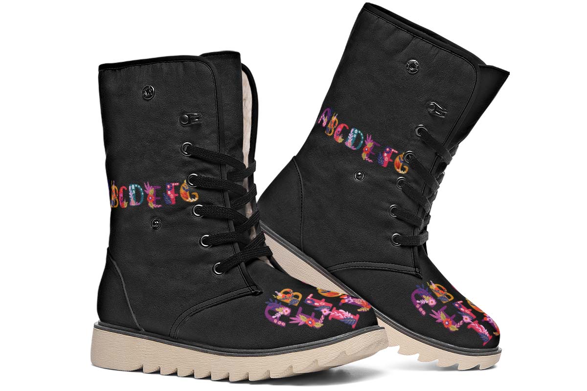 Folk Floral Alphabet Polar Vibe Boots - Custom Printed, Vegan & Water Resistant