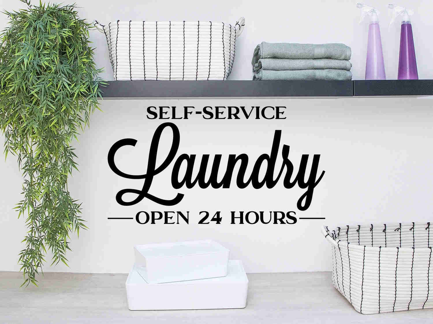 Self-Service Laundry Open 24 Hours Bold Wall Decal | Laundry Room Vinyl Sticker