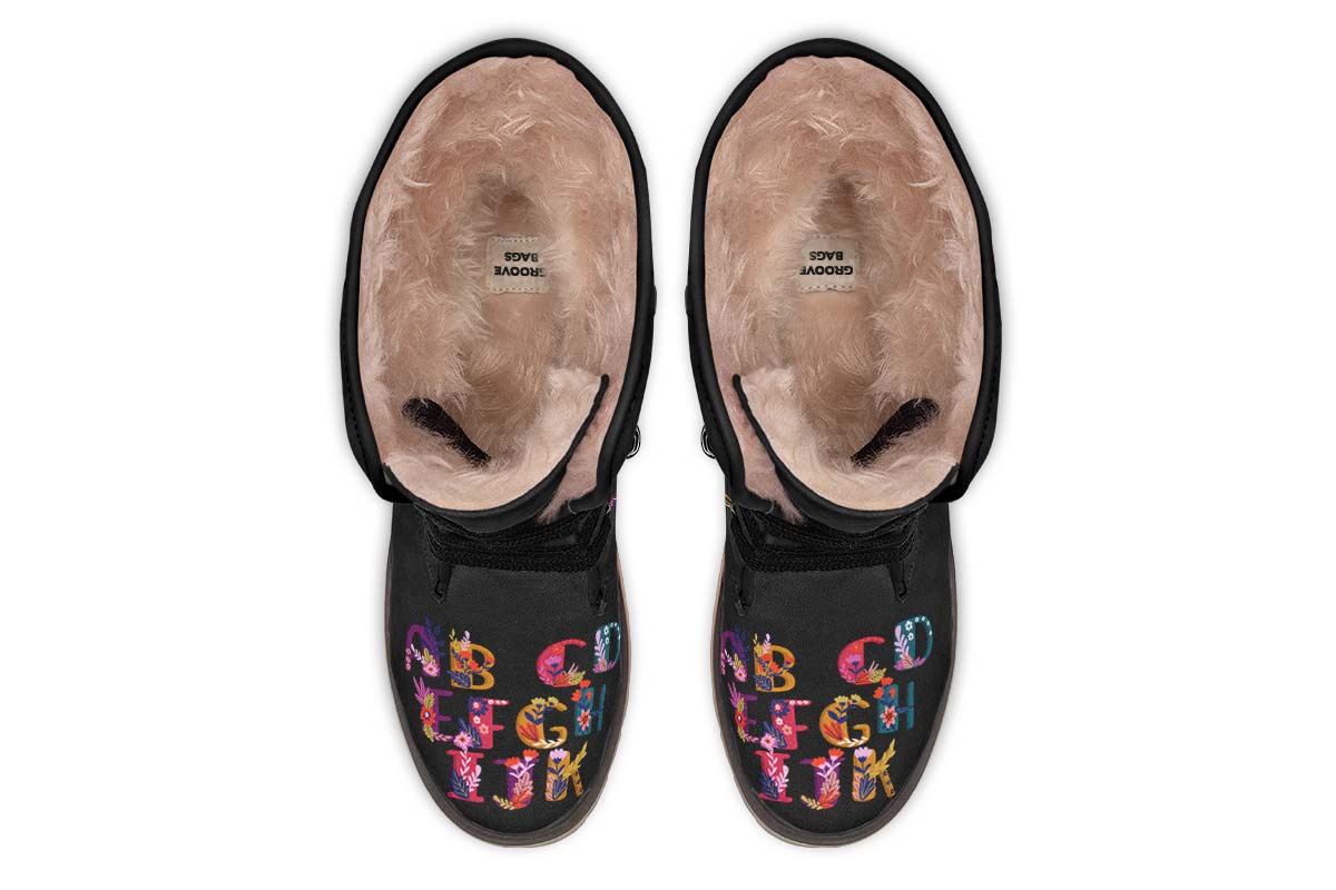 Folk Floral Alphabet Polar Vibe Boots - Custom Printed, Vegan & Water Resistant