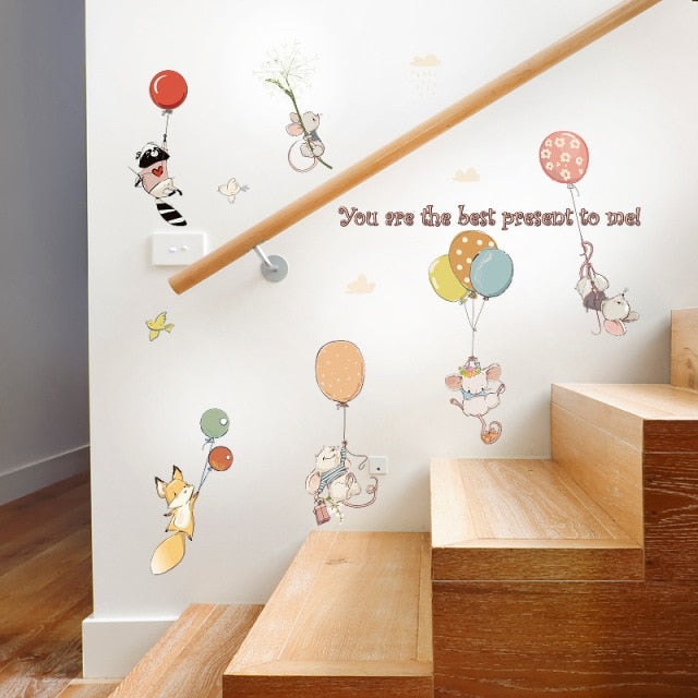 Qfdian Cartoon Cute Animals Hot Air Balloon Wall Stickers for Kids Room, Nursery, and Home Decor