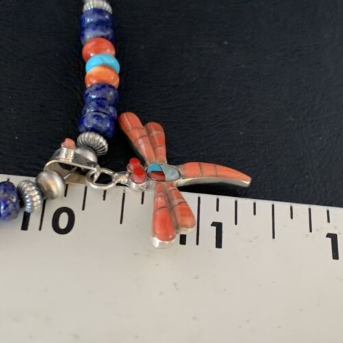 Dragonfly Sterling Silver Turquoise Coral Inlay Multi-Color Pendant Necklace