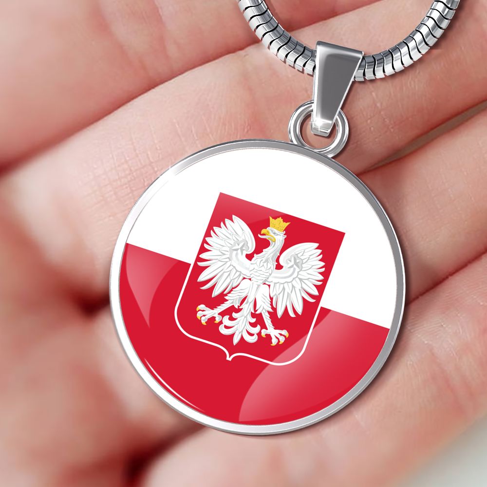Polish Flag With Circle Pendant Necklace - Adjustable Surgical Steel & Shatterproof Glass