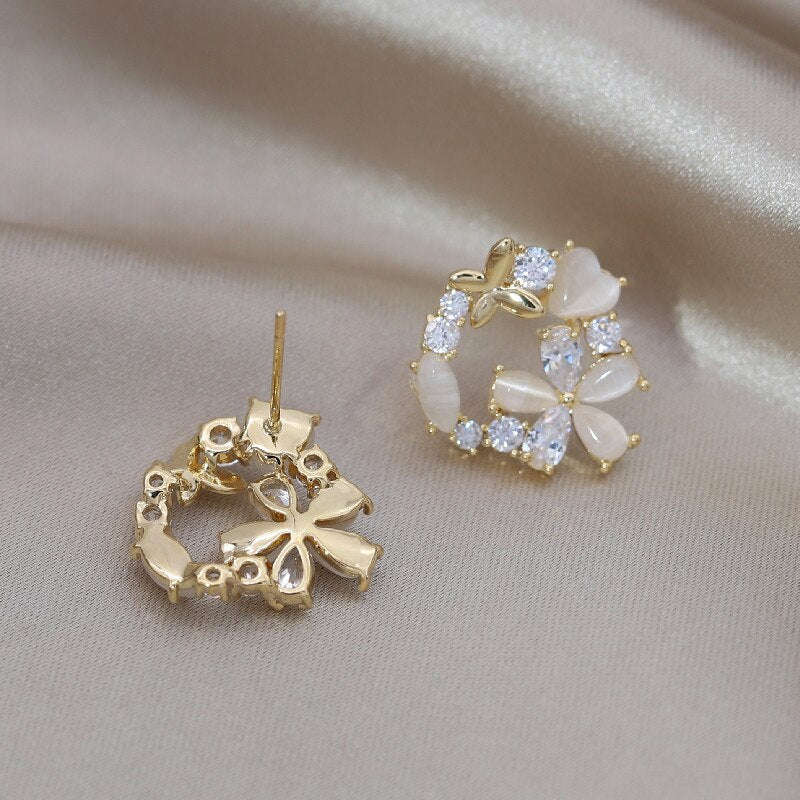 Elegant 14K Gold Plated Zircon Opal Flower Butterfly Earrings for Women