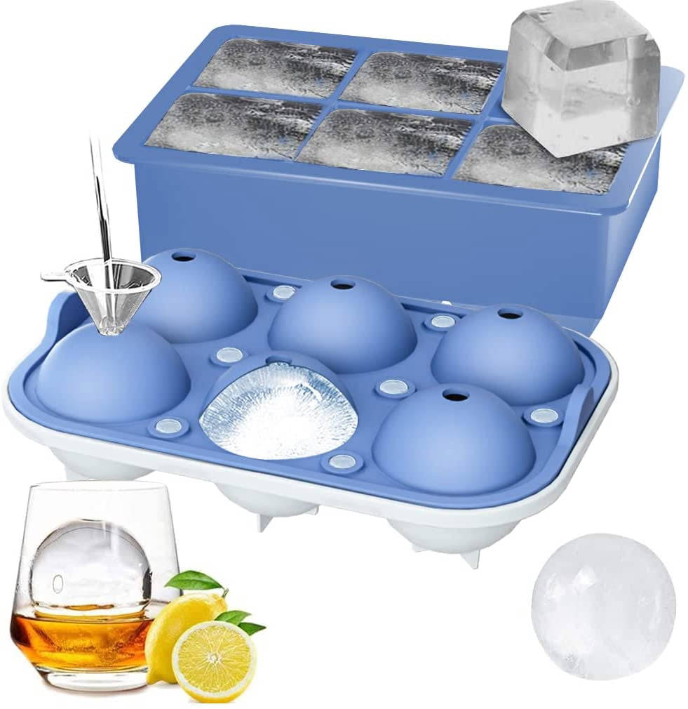 Set of 2, Sphere Ice Ball Maker with Lid & Large Square Ice Cube Maker