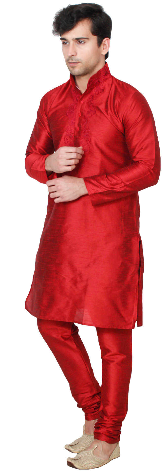 Silk Embroidered Mens Kurta Pajama India Clothing (Red)