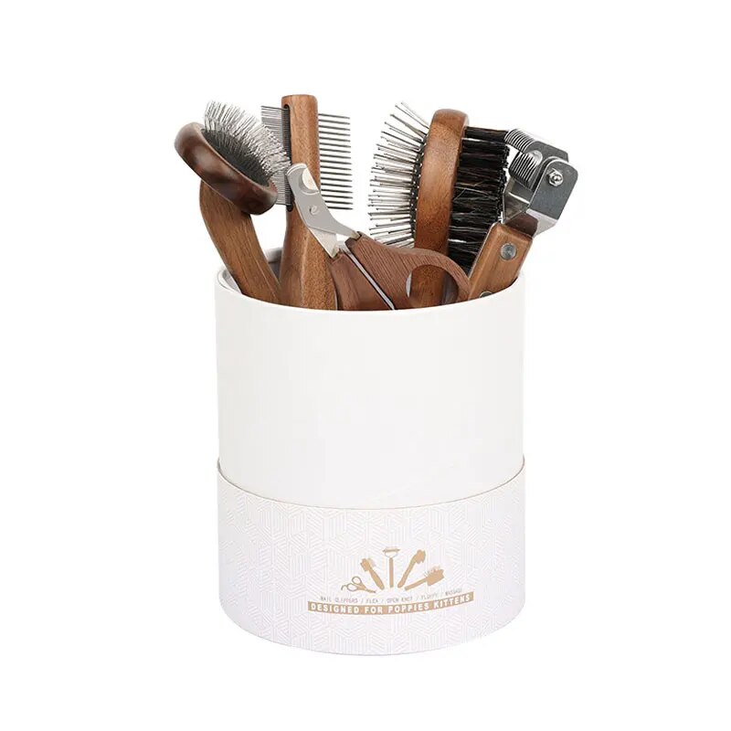 Pet Comb Nail Clipper Set - Stainless Steel Dog Grooming Tool with Wood Handle