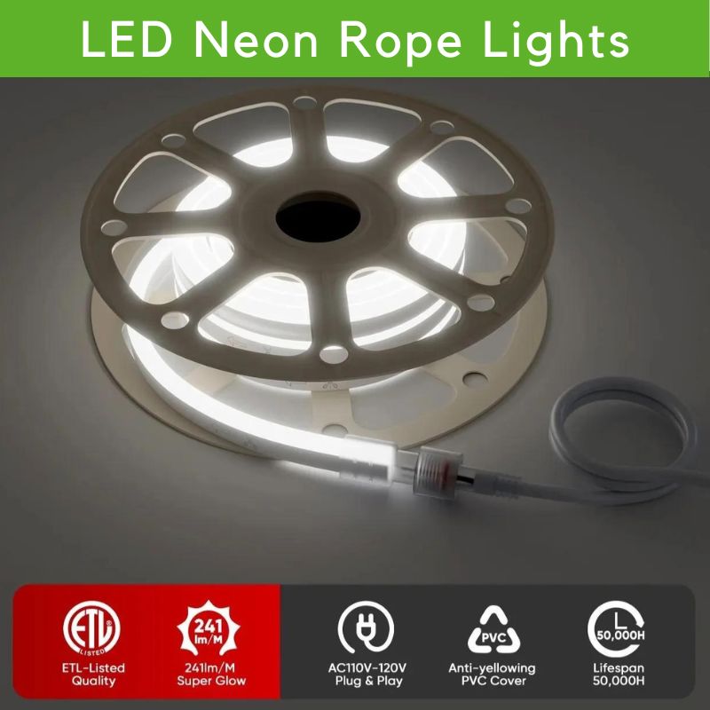 Super Bright 110V LED Neon Rope Light - 6.5W/Meter, 6300K Cool White, 226 LM/Meter