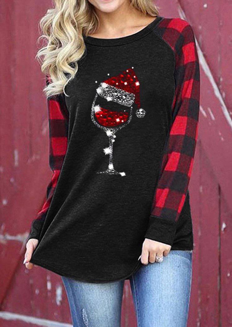 Fashion Christmas Hat Wine Glass Printing Red Plaid Long Sleeve Round Neck Pullover Tops for Women