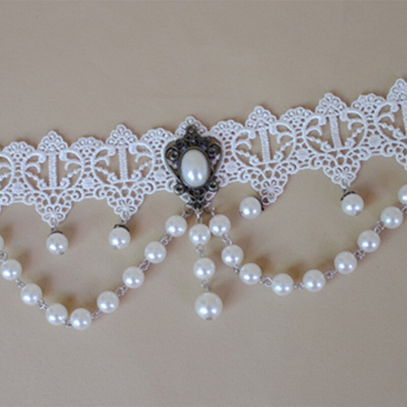 12 Pieces/Lot Sexy Hollow White Lace Pendant Necklaces with Imitation Pearls Beads for Women