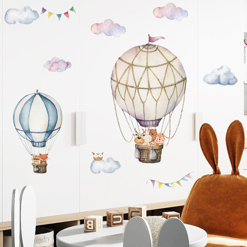 Qfdian Cartoon Cute Animals Hot Air Balloon Wall Stickers for Kids Room, Nursery, and Home Decor