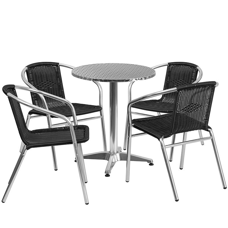 Flash Furniture 23.5" Round Aluminum Indoor-Outdoor Table Set with 4 Black Rattan Chairs
