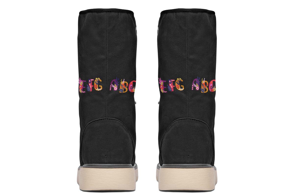 Folk Floral Alphabet Polar Vibe Boots - Custom Printed, Vegan & Water Resistant