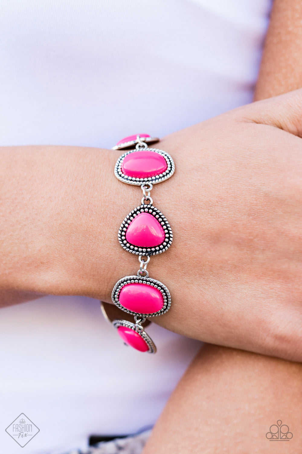 Paparazzi Vividly Vixen - Pink Adjustable Bracelet with Textured Silver Frames
