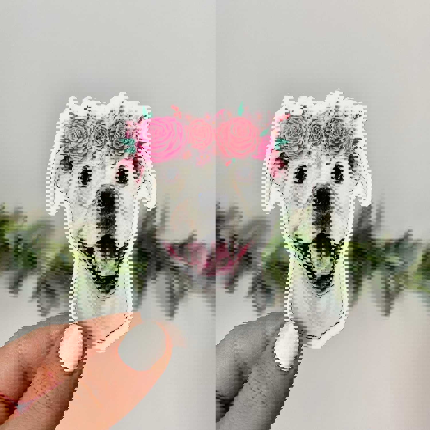 Pit Bull With Flower Crown Sticker - Waterproof Vinyl Sticker for Pet Lovers