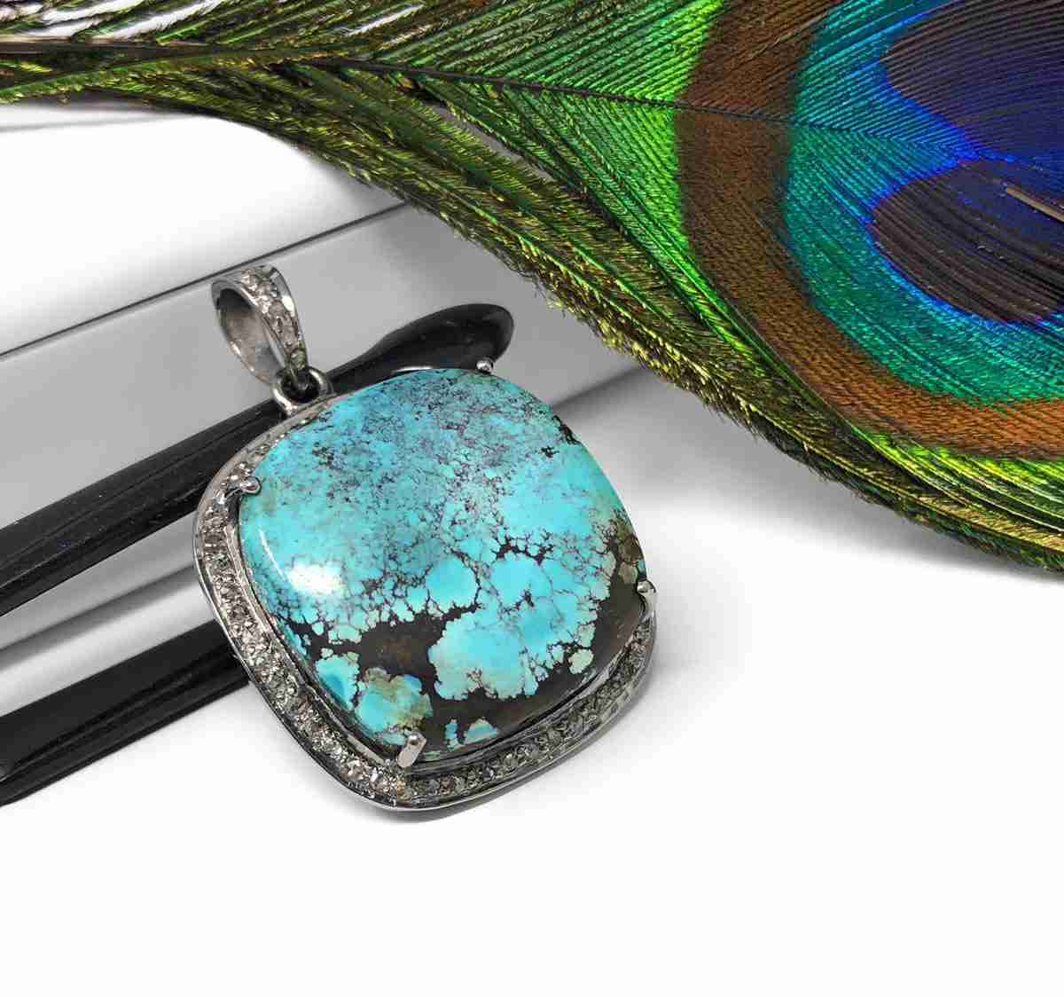 Natural Genuine Tibetan Turquoise Sterling Silver Pave Diamond Pendant