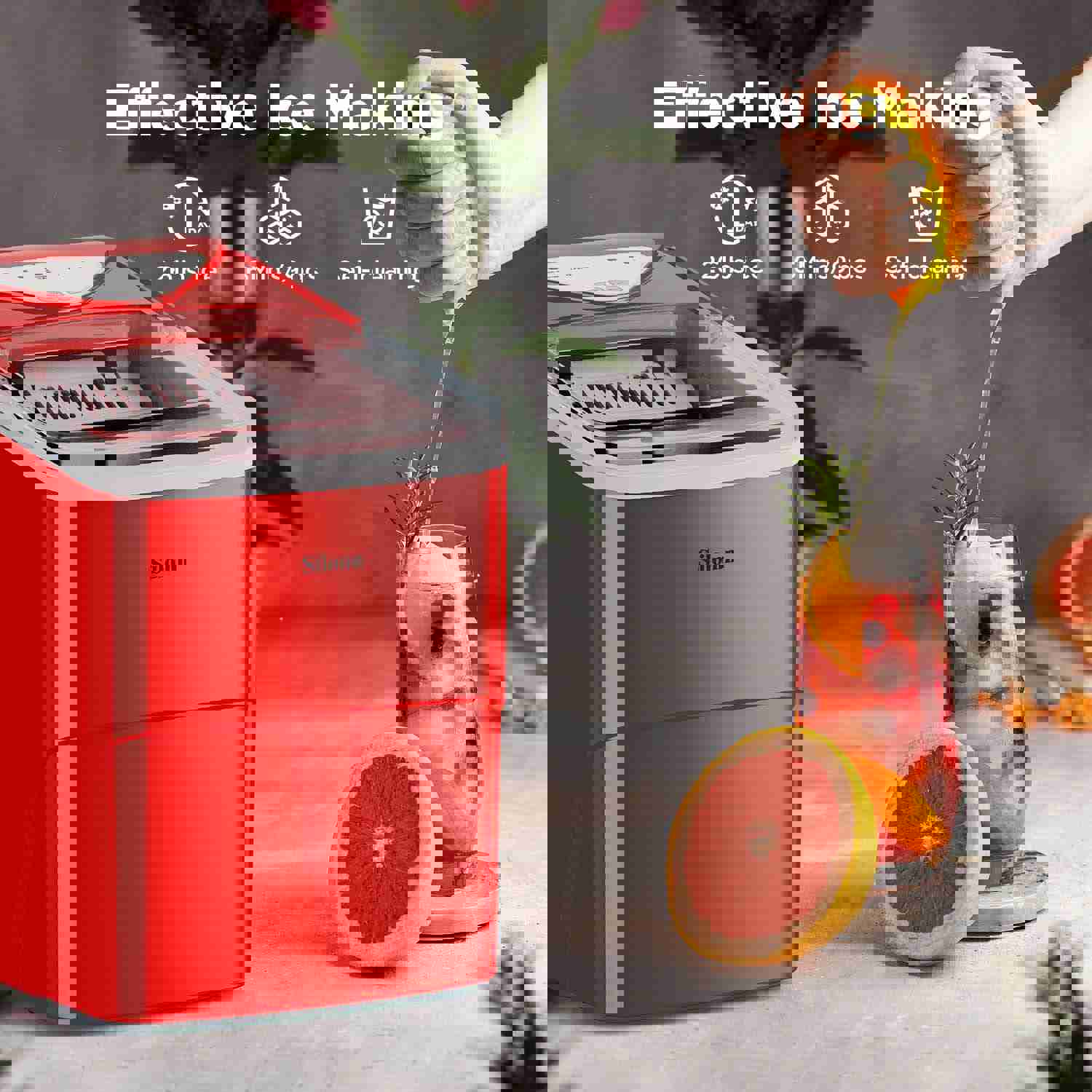 Silonn Countertop Ice Maker, 9 Cubes in 6 Mins, 26Lbs/24Hrs, Self-Cleaning with Ice Scoop & Basket, 2 Ice Sizes for Home/Office/Bar, Red