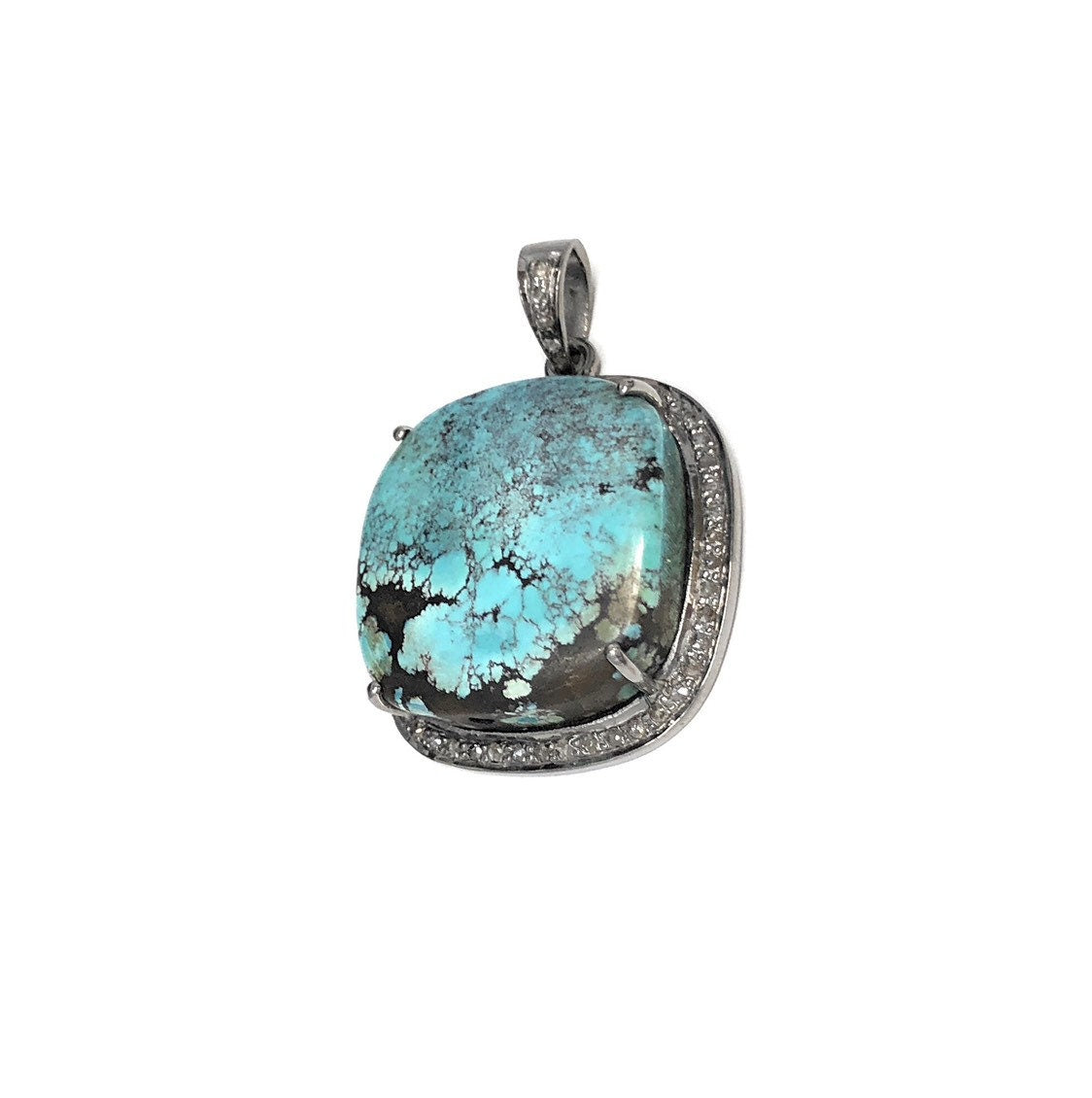 Natural Genuine Tibetan Turquoise Sterling Silver Pave Diamond Pendant