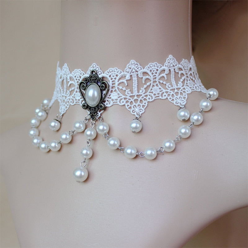 12 Pieces/Lot Sexy Hollow White Lace Pendant Necklaces with Imitation Pearls Beads for Women