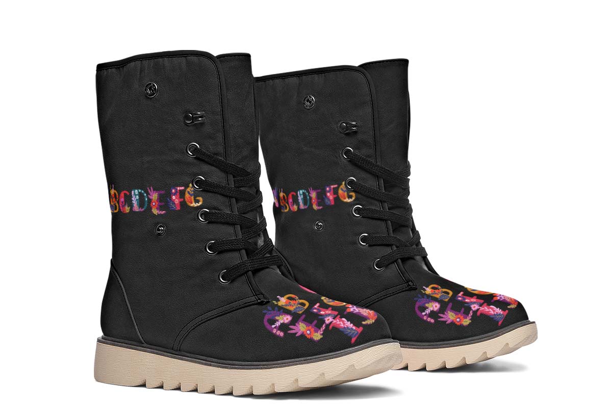 Folk Floral Alphabet Polar Vibe Boots - Custom Printed, Vegan & Water Resistant