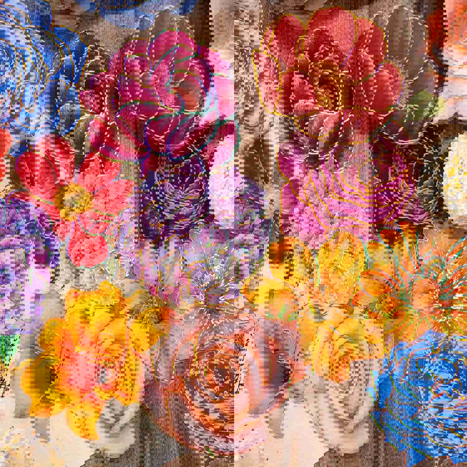 Knaid 80 Pieces Large Size Flower Stickers with Gold Holographic Outlines and Vibrant Colors