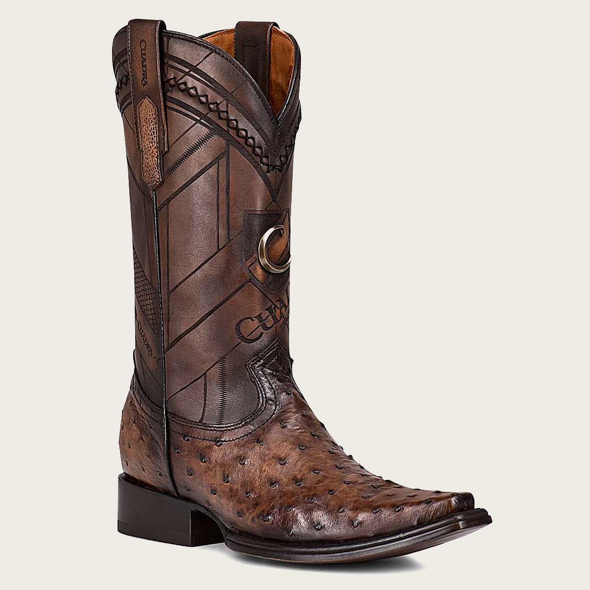 CUADRA Engraved Ostrich Leather Narrow Square Western Boot for Men