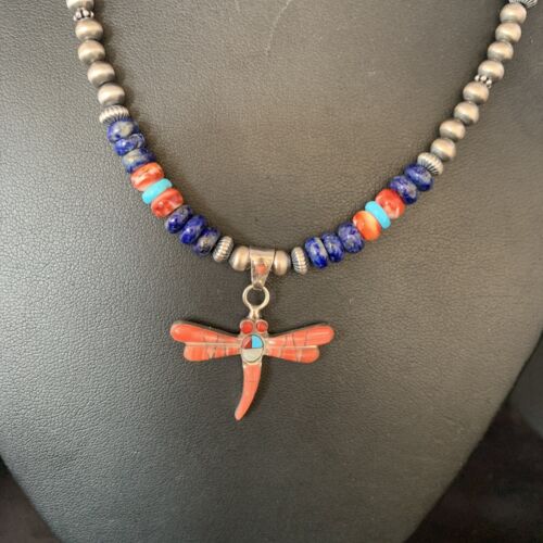 Dragonfly Sterling Silver Turquoise Coral Inlay Multi-Color Pendant Necklace