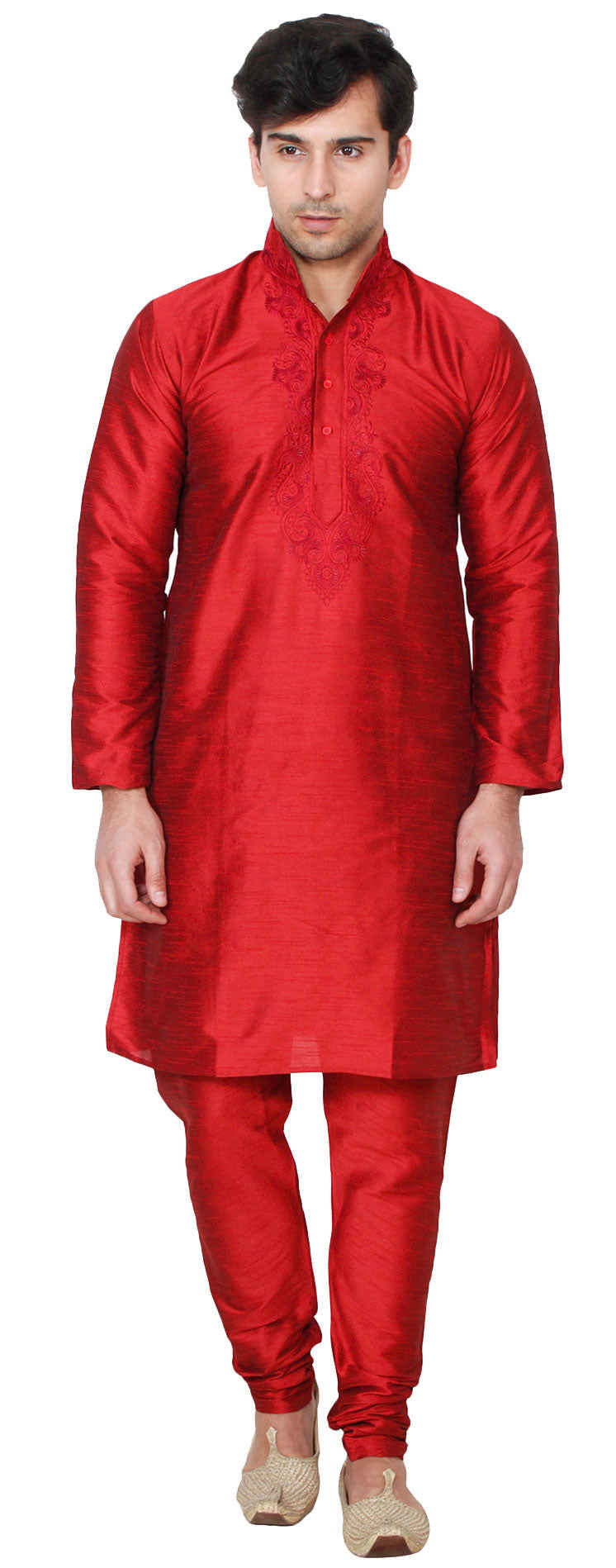 Silk Embroidered Mens Kurta Pajama India Clothing (Red)