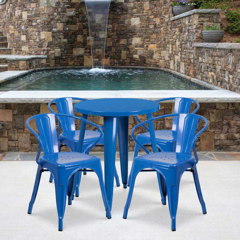CH-51080TH-4-18ARM Flash Furniture Chauncey Commercial Grade 24 Round Blue Metal Indoor-Outdoor Table Set with 4 Arm Chairs