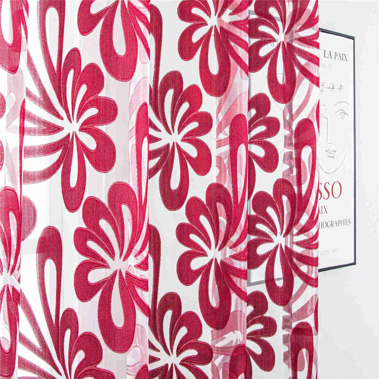 Red Window Sheer Curtains Panel with Geometric Embroidery Design