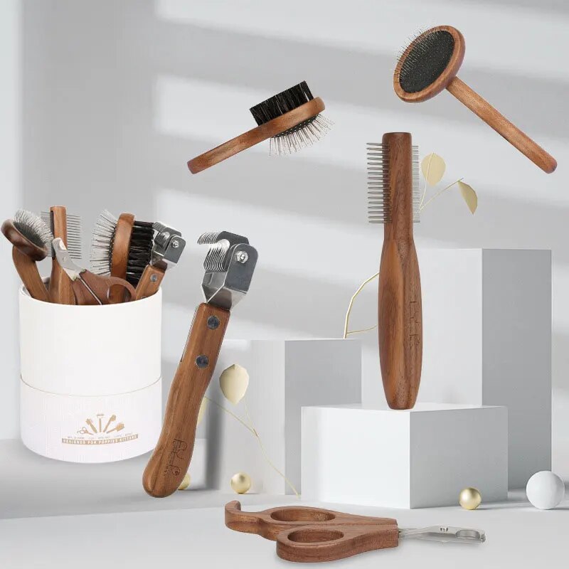 Pet Comb Nail Clipper Set - Stainless Steel Dog Grooming Tool with Wood Handle