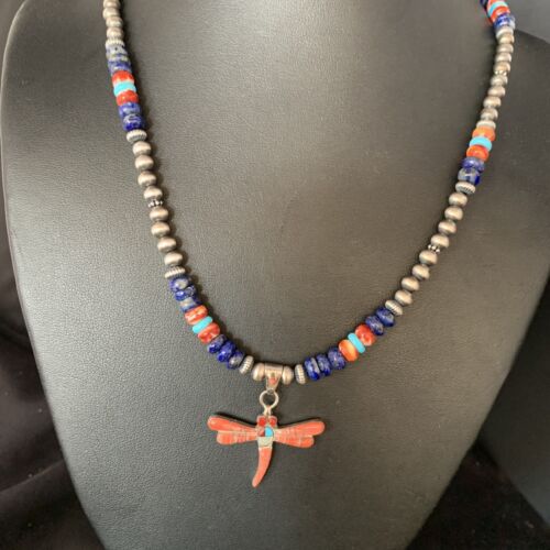Dragonfly Sterling Silver Turquoise Coral Inlay Multi-Color Pendant Necklace