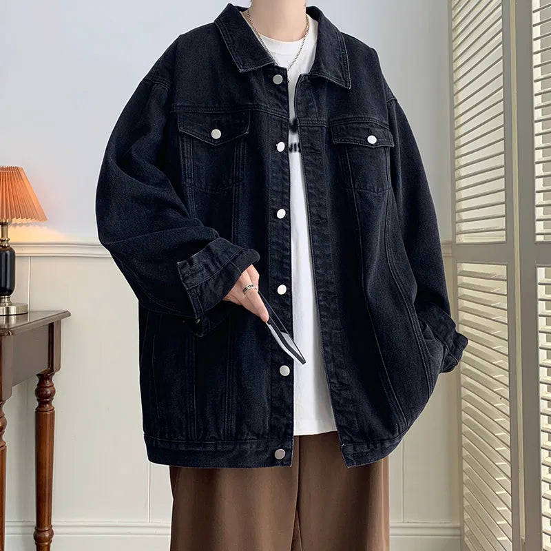 Nukty Plus Size 5XL-M Black Denim Jacket for Men, Turn Down Collar, Multi-Pockets, Streetwear Loose Casual Coat