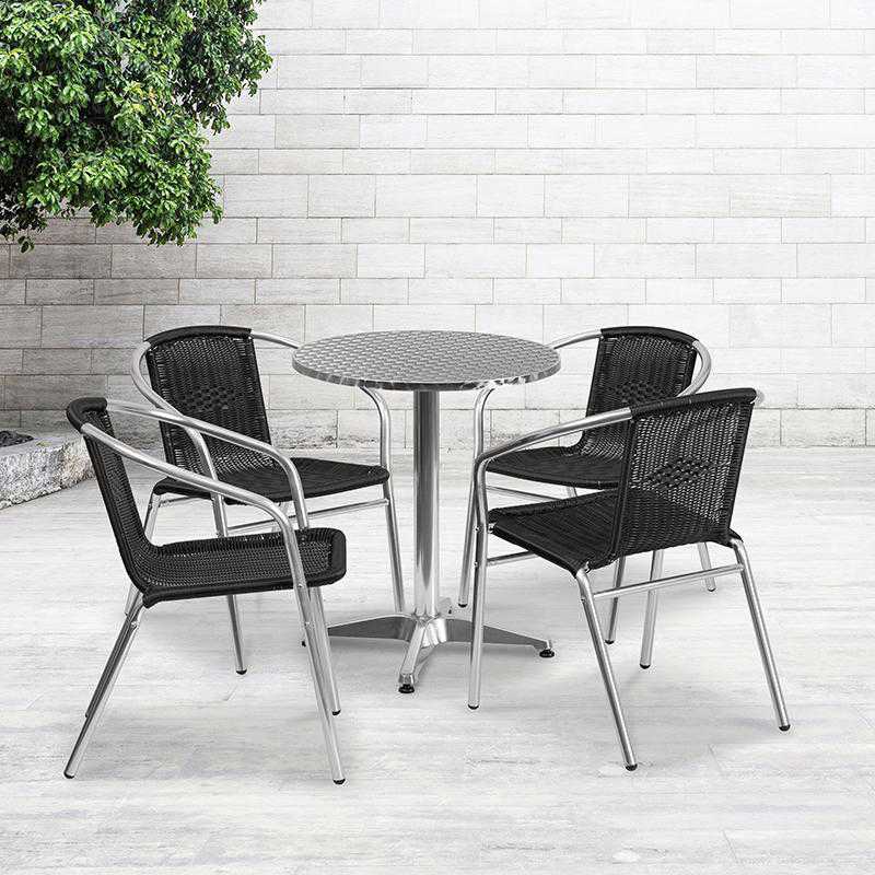 Flash Furniture 23.5" Round Aluminum Indoor-Outdoor Table Set with 4 Black Rattan Chairs
