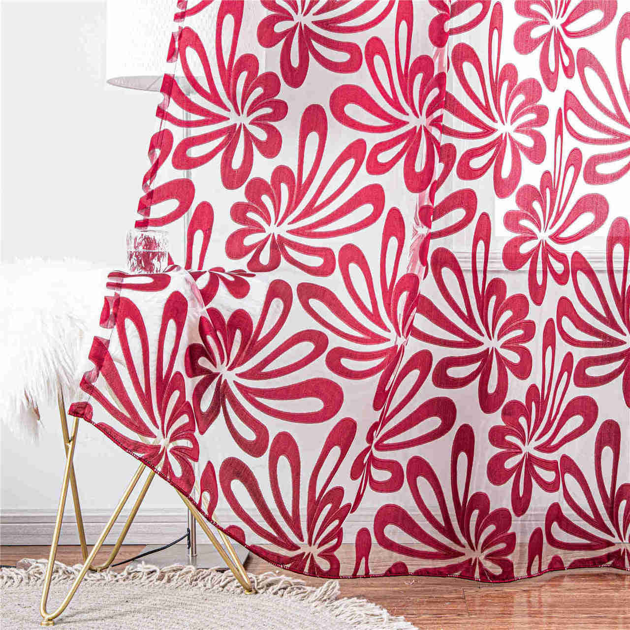 Red Window Sheer Curtains Panel with Geometric Embroidery Design