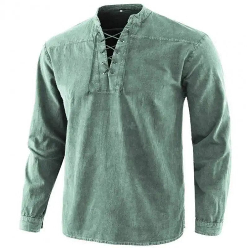 Nukty Vintage V-Neck Long Sleeve Cotton T-Shirt for Men