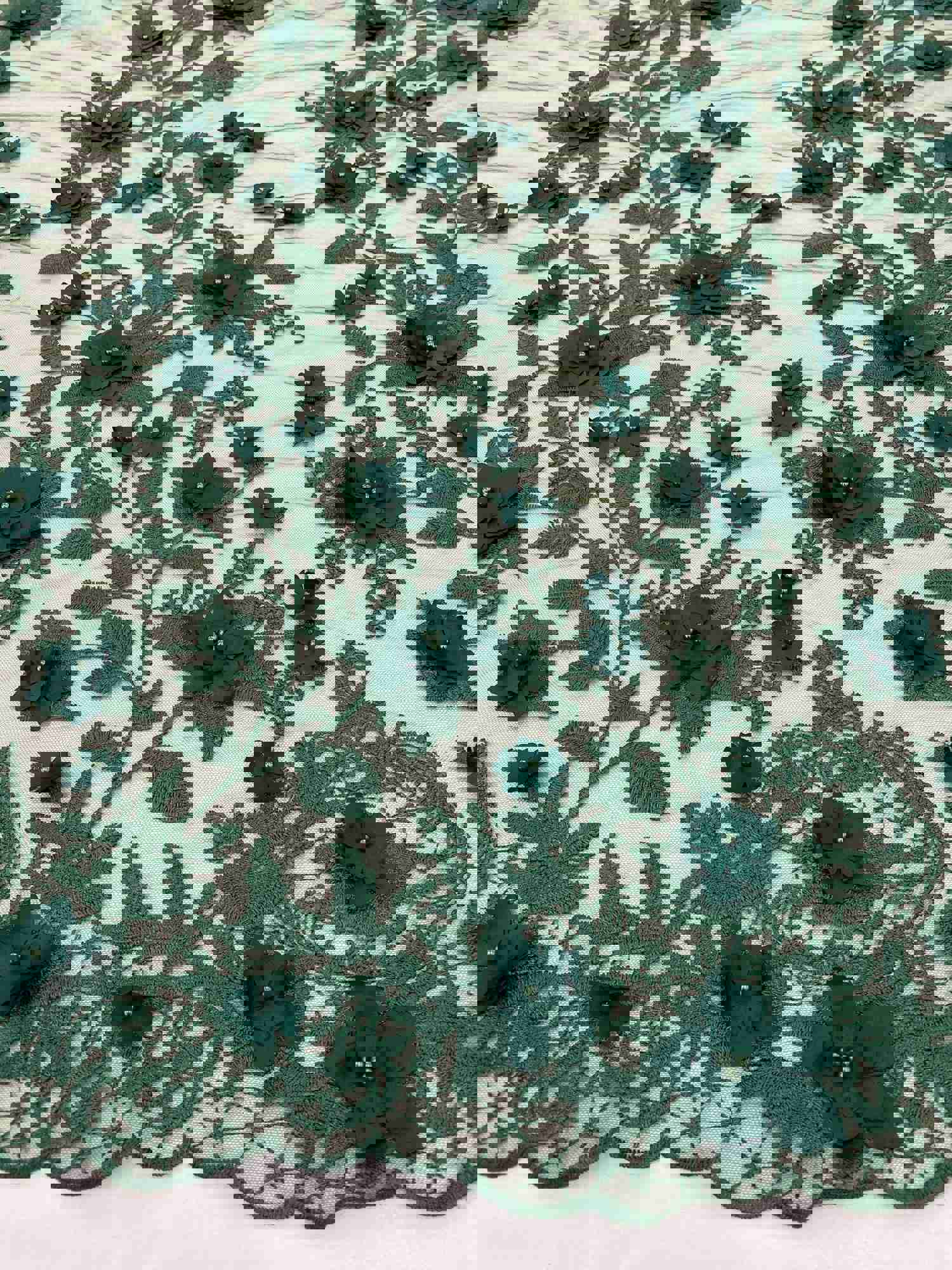 Hunter Green Two Tone 3D Floral Embroidered Beaded Mesh Lace Fabric