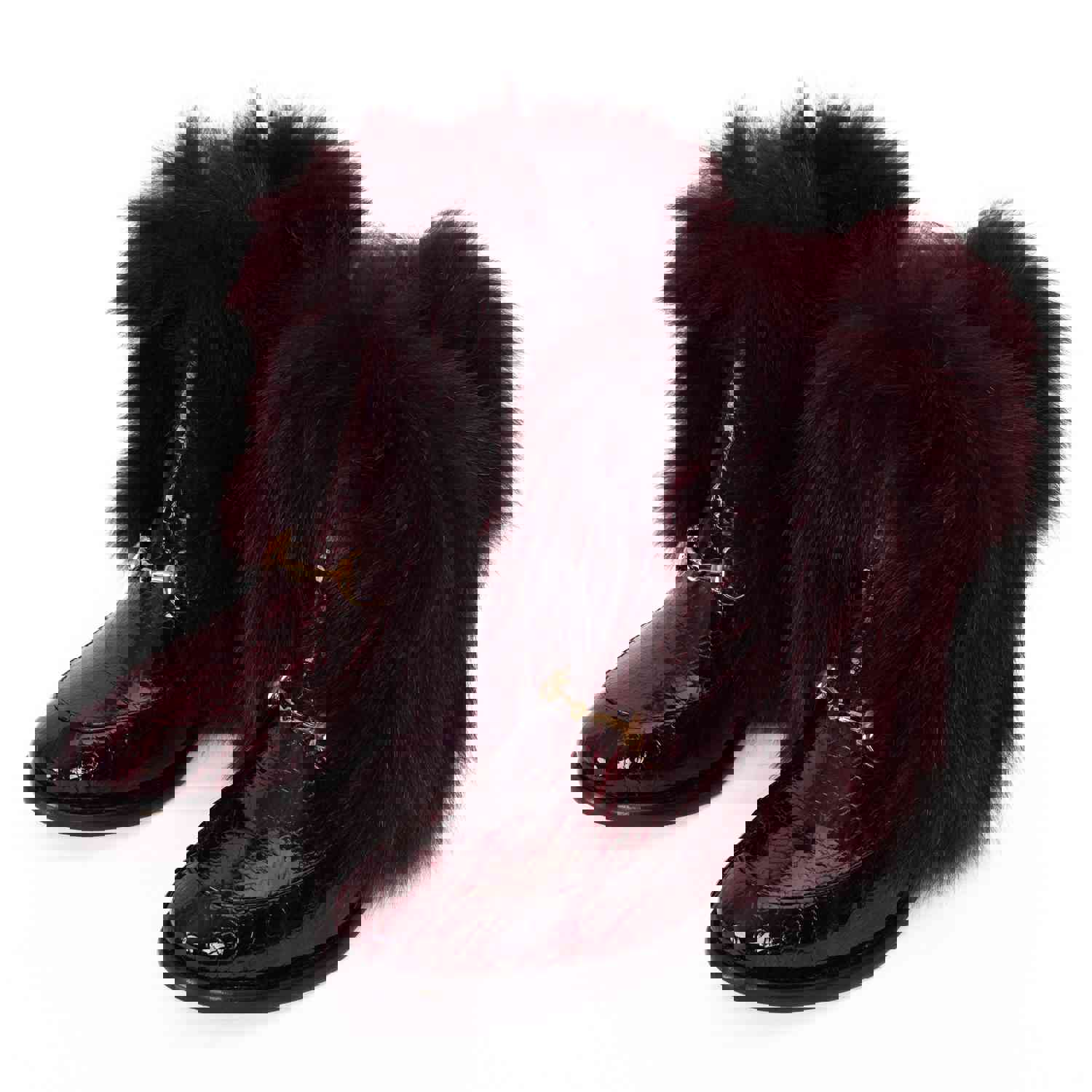 Izmir Burgundy Patent Leather Natural Fur Mid Calf Women Boot