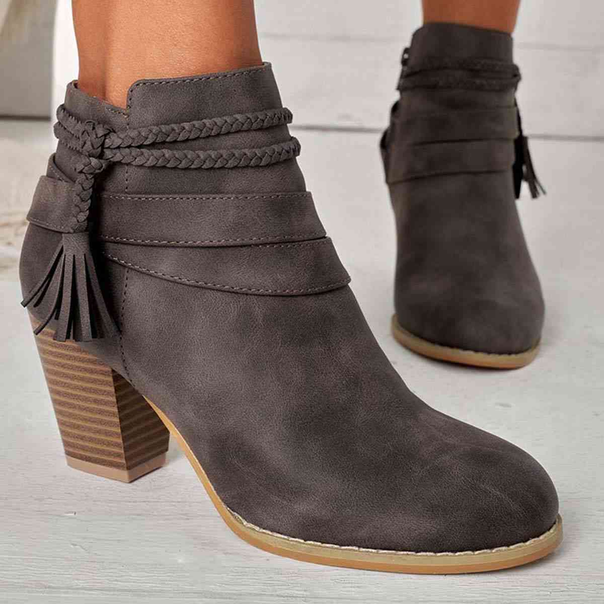 Western Tassel Chunky Block Heel Ankle Boots with Side Zipper