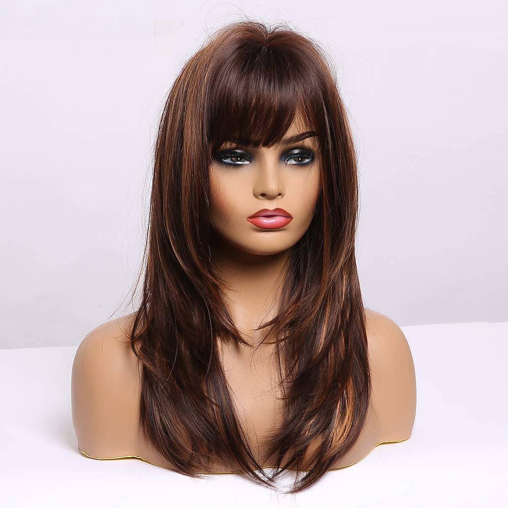 Highlight Brown Layered Synthetic Wig with Curtain Bangs