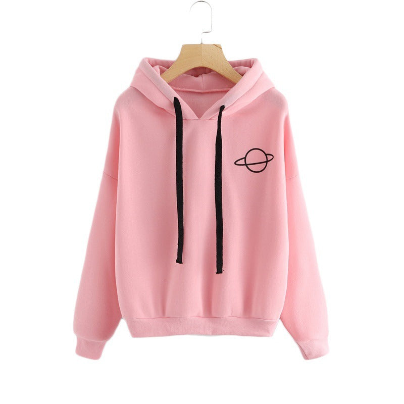 Multicolor Printed Planet Hoodie For Ladies - Loose Fit Fleece Sweater