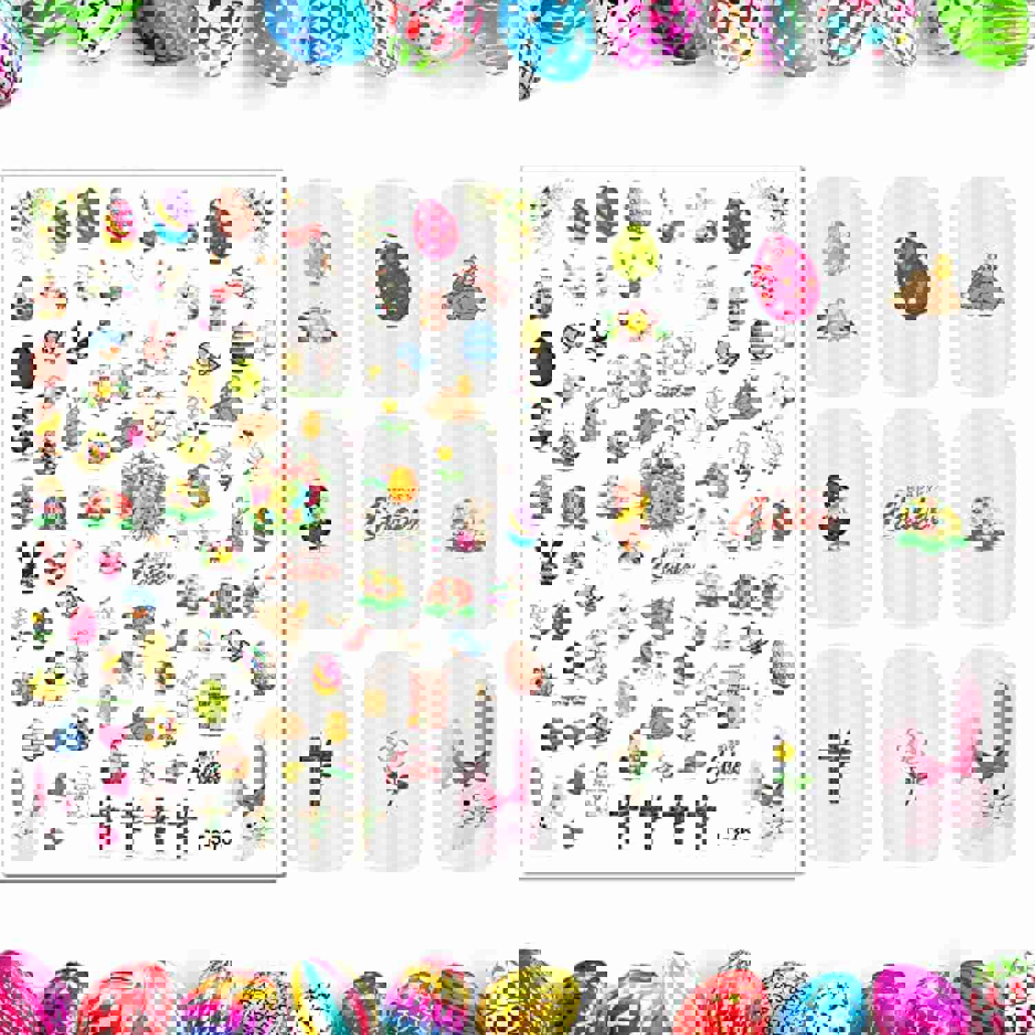 Easter Nail Art Stickers - 6 Sheets with Bunny, Eggs & Flowers Design