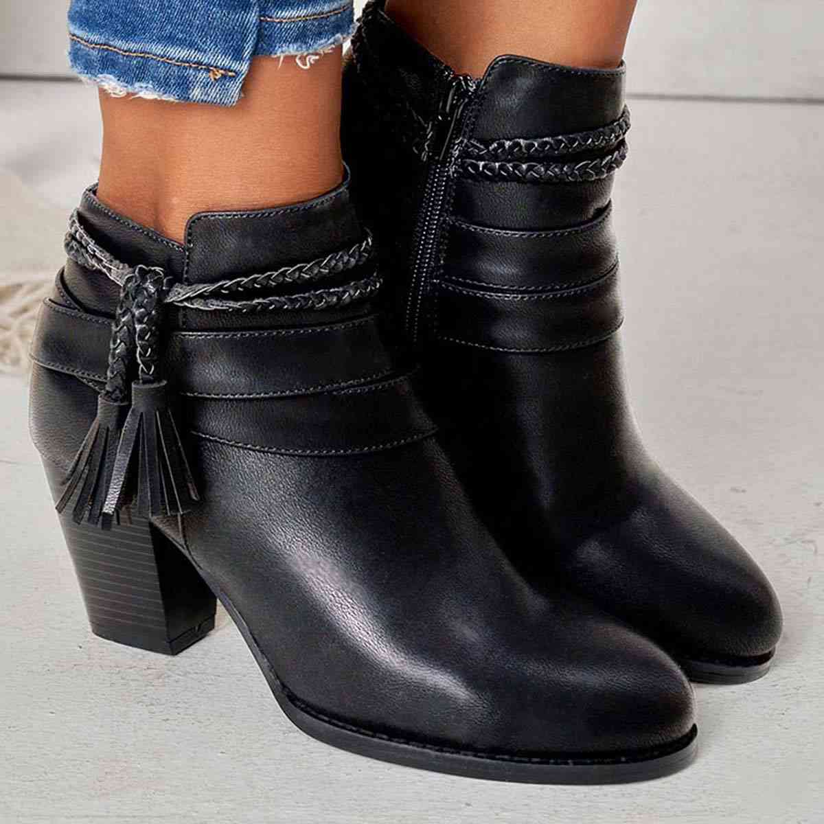 Western Tassel Chunky Block Heel Ankle Boots with Side Zipper