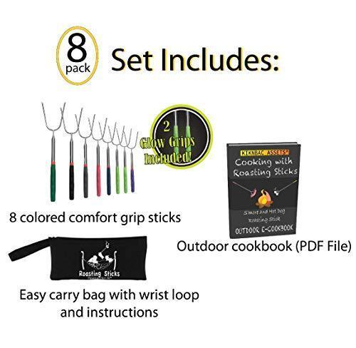 KBA Marshmallow Roasting Sticks Set of 8 - Telescoping Smores Sticks for Fire Pit with Glow in The Dark Handles