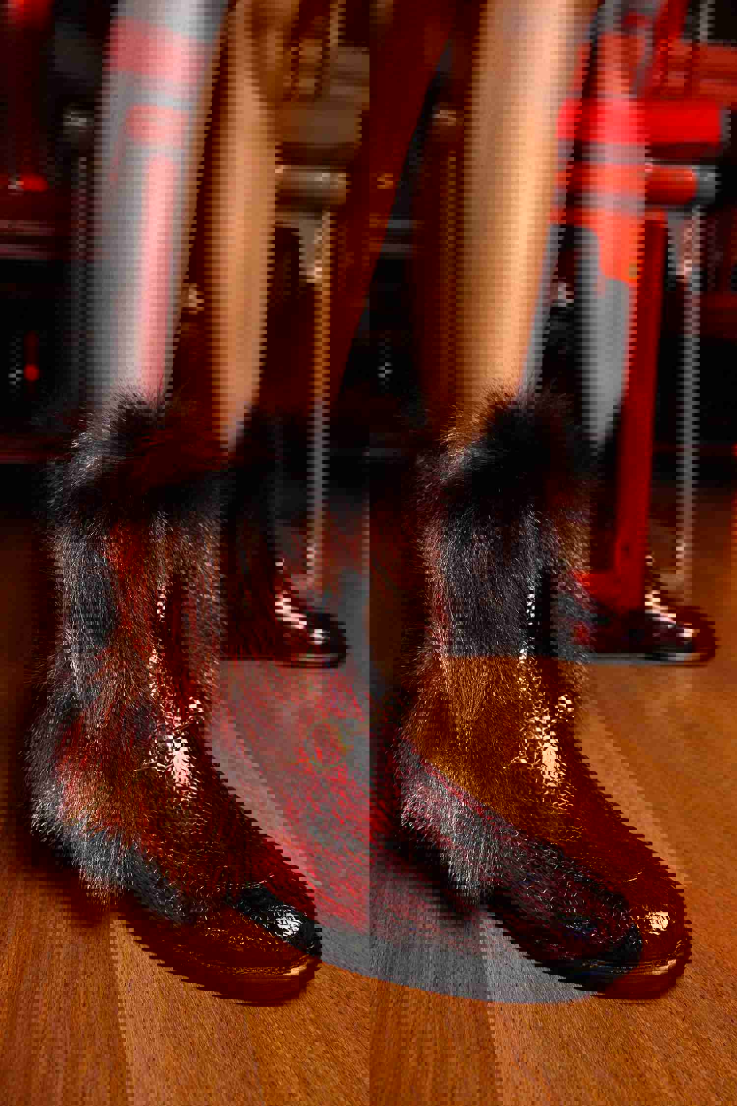 Izmir Burgundy Patent Leather Natural Fur Mid Calf Women Boot