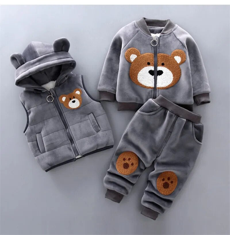 Baby Fleece Cartoon Bear Design, 3 Pieces Warm Clothing Set