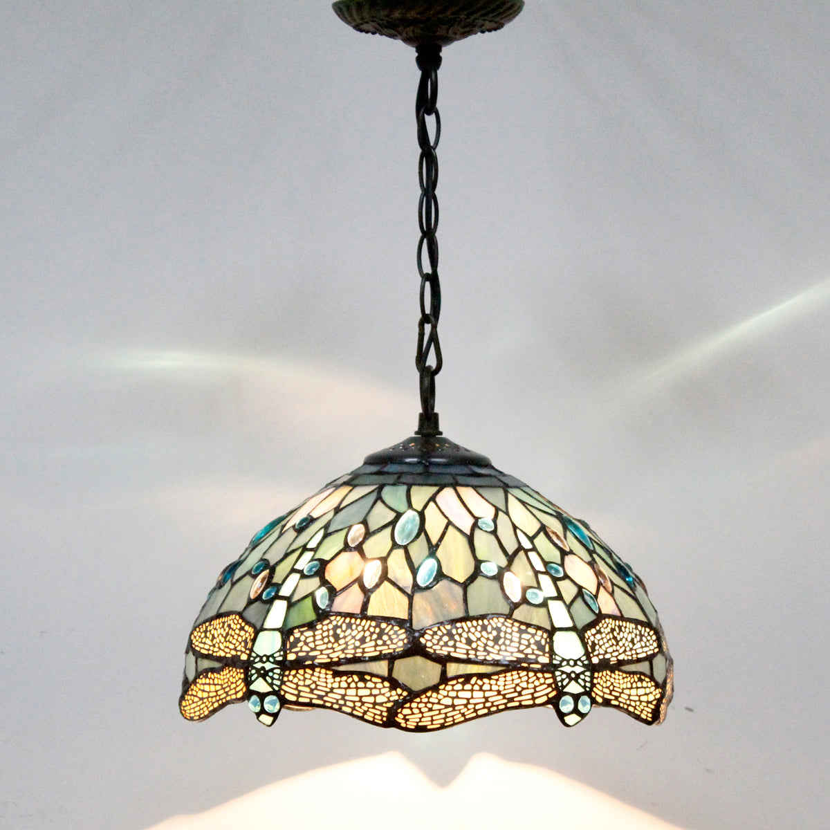 Tiffany Pendant Light Werfactory® 12 Inch Sea Blue Stained Glass Dragonfly Hanging Lamp